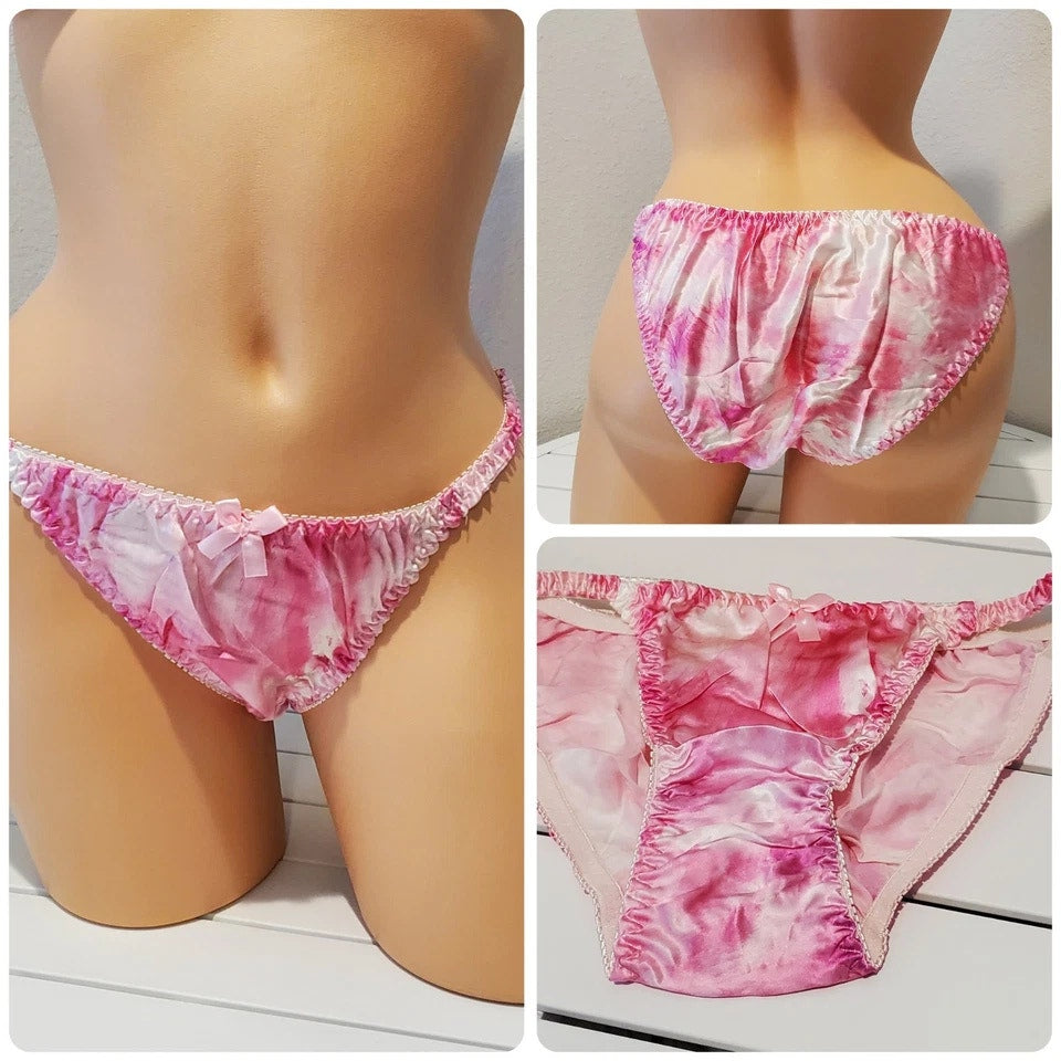Liquid Satin String Bikini Panty Shiny Double Silk Gusset Print Pink Cloud 6/M