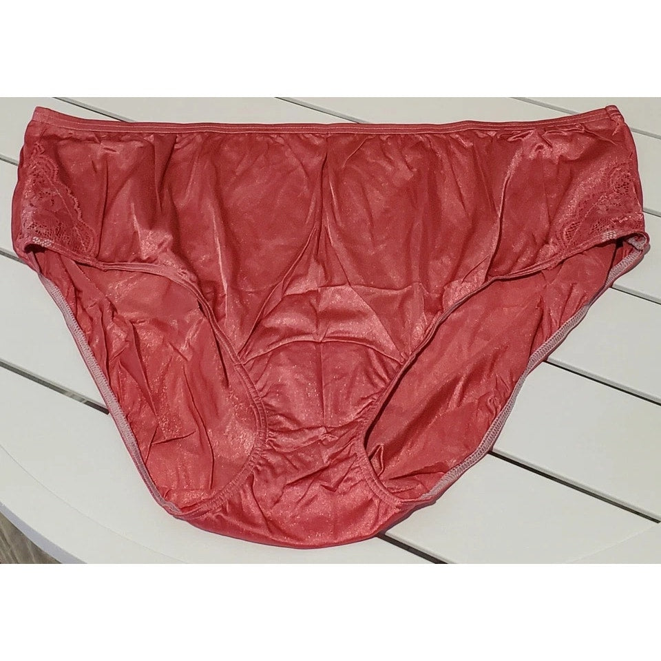 Shadowline 11182 Lace Insets Bikini Panty Shiny Nylon Full Cut Amber Pink 11/4XL
