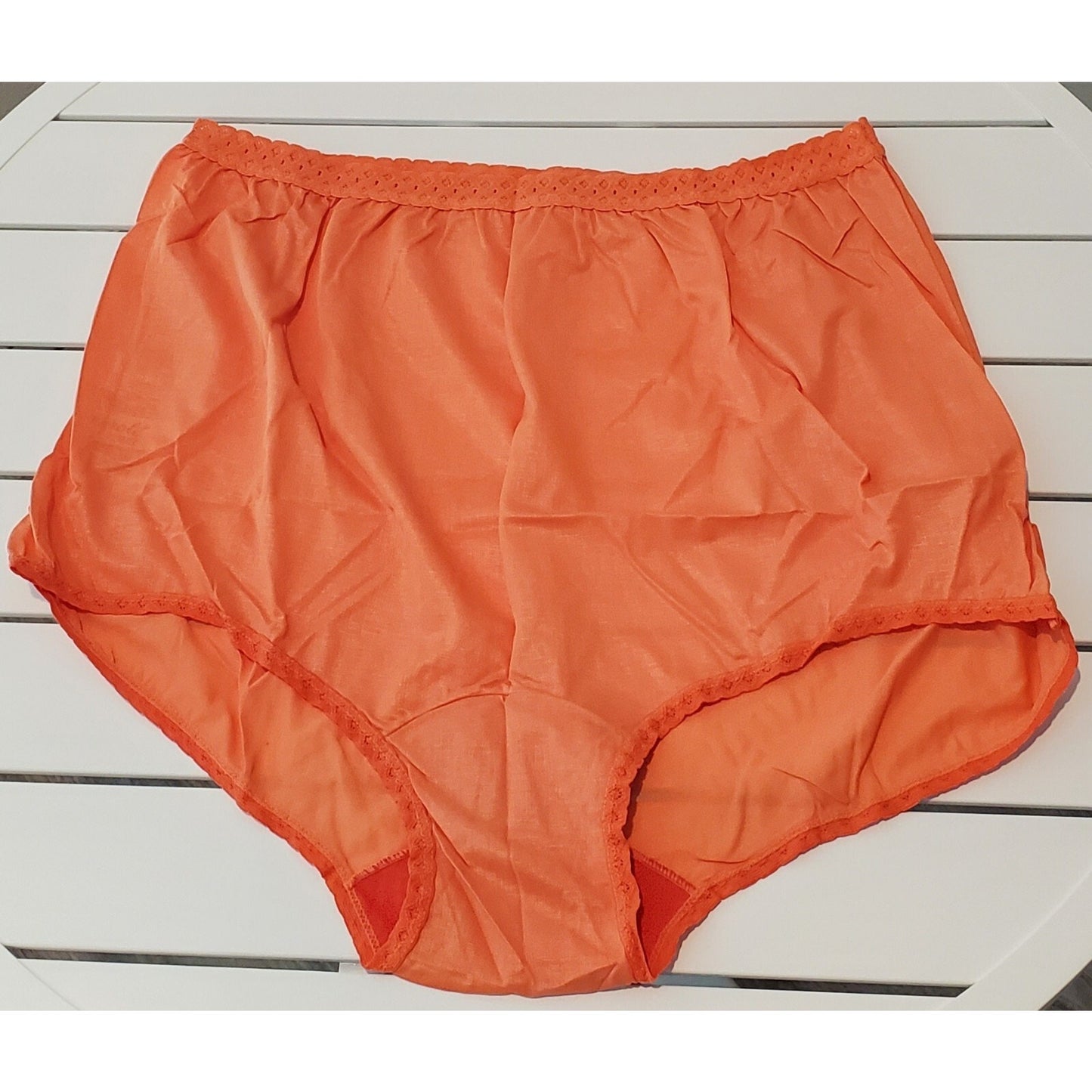 Carole Silky Nylon Full Cut Brief Panty Wide Gusset Lace Trim Amber Orange 12