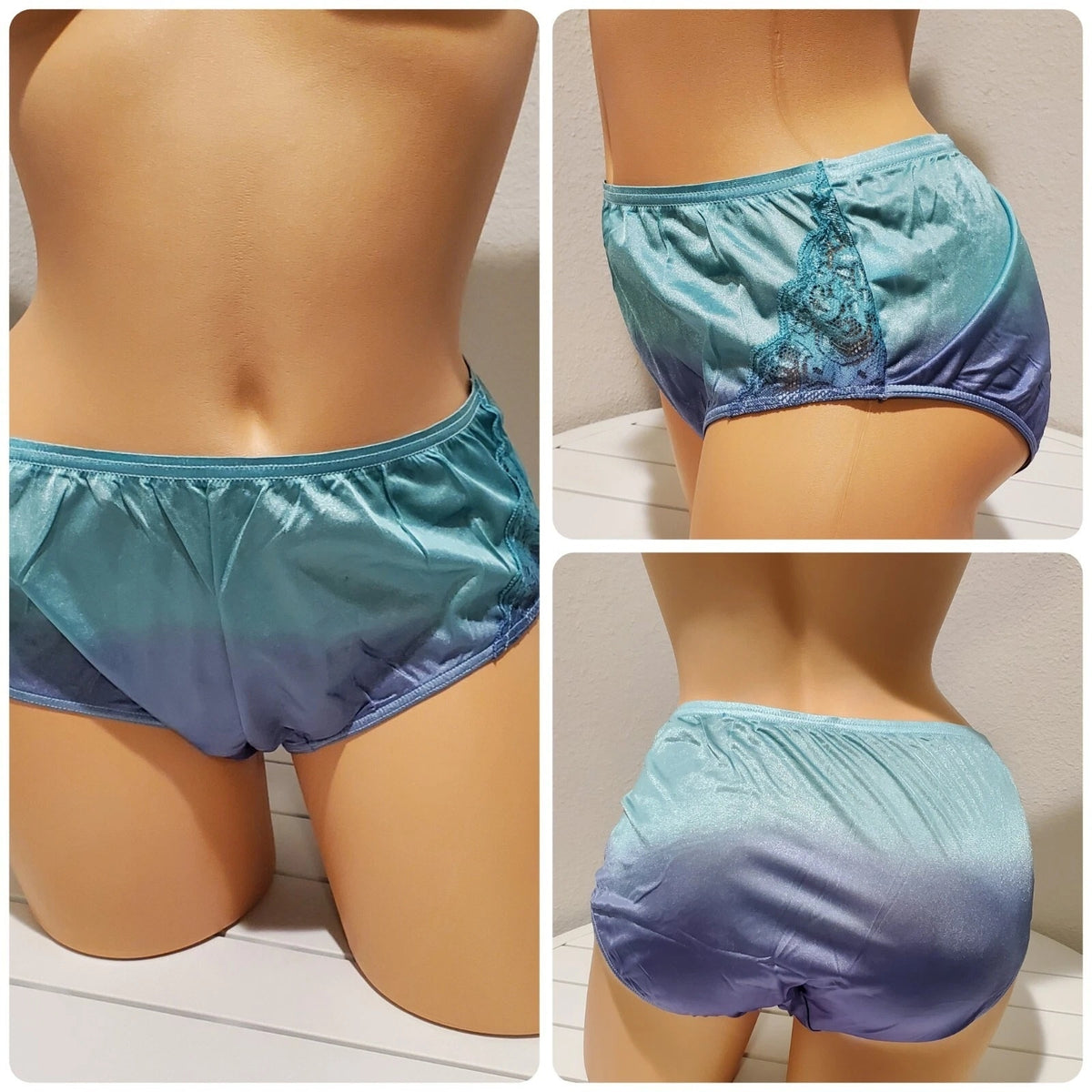 Shadowline 11182 Lace Insets Bikini Panty Shiny Nylon Ombre Cerulean Purple - Star Vintage & More