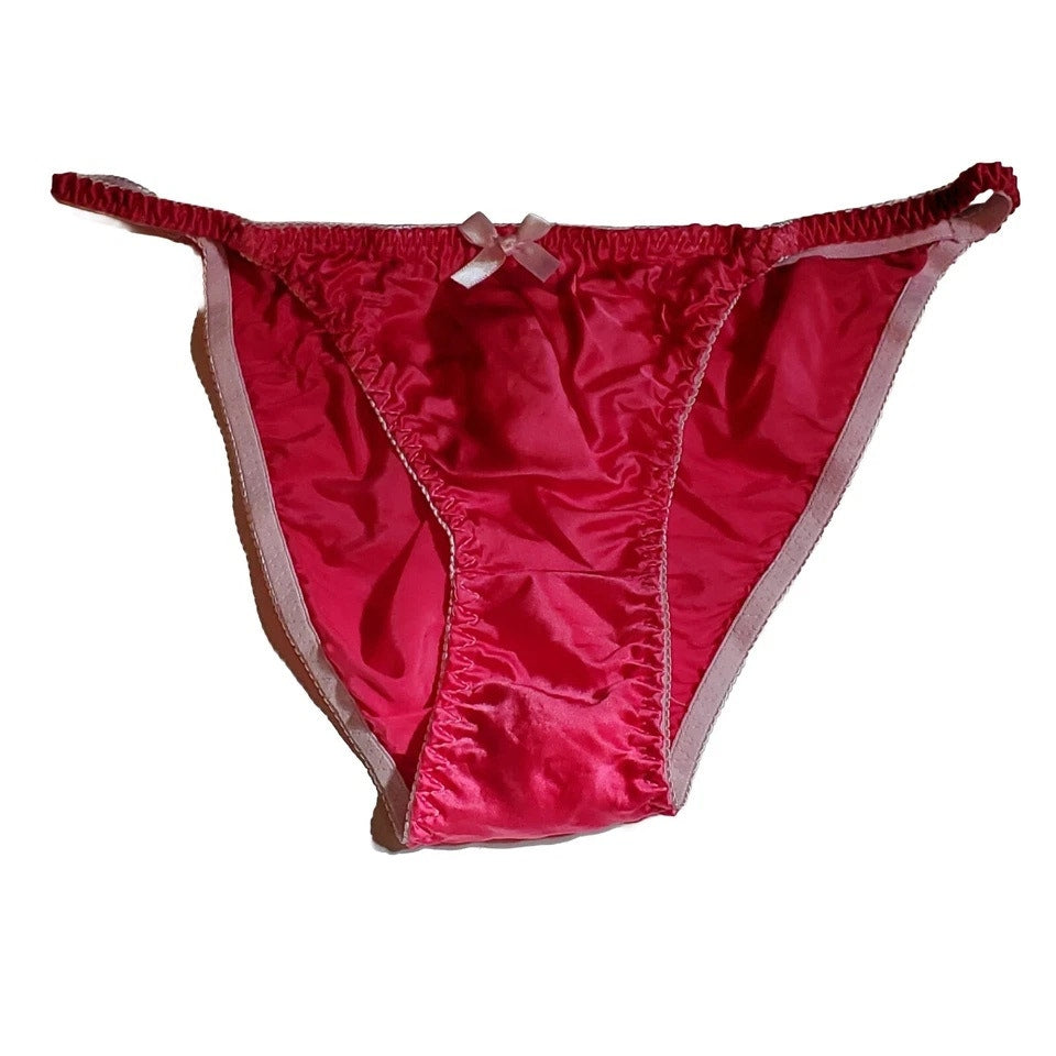 Liquid Satin String Bikini Panty Shiny Double Silk Gusset Party Pink 9/2XL