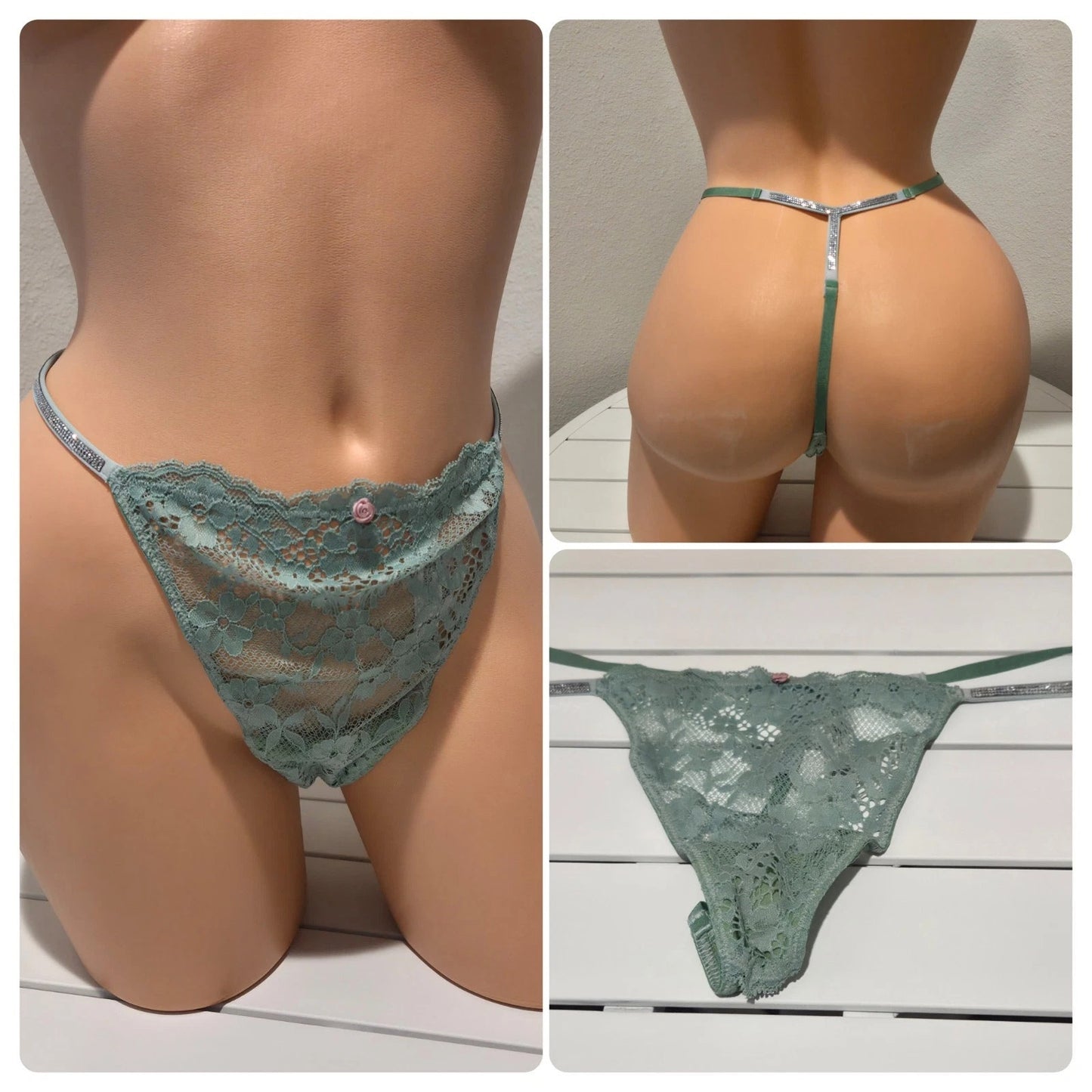 Victoria's Secret Dream Angels Shine Strap Shiny Thong Panty Glossy Green 8/XL