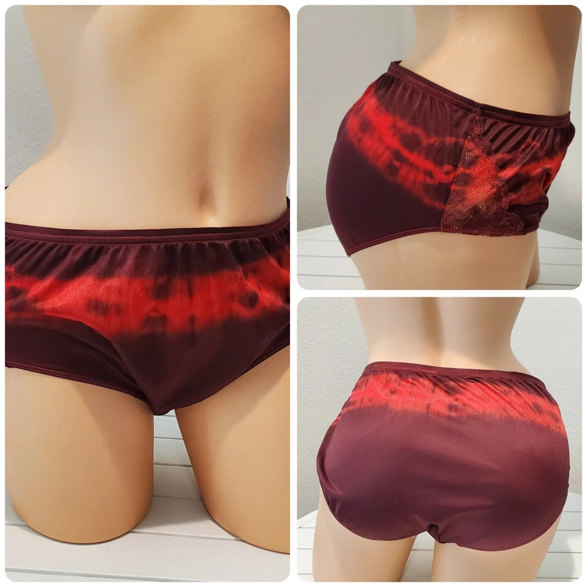 Shadowline 11182 Lace Insets Bikini Panty Shiny Nylon Rainbow Crimson Red 8/XL