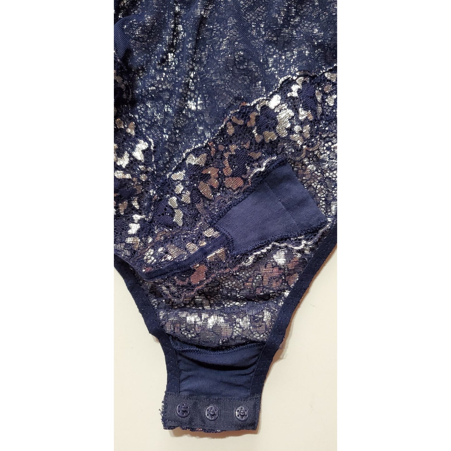 Victoria's Secret Vintage Shiny Teddy Bodysuit Snap Gusset Blue Silver 6/M