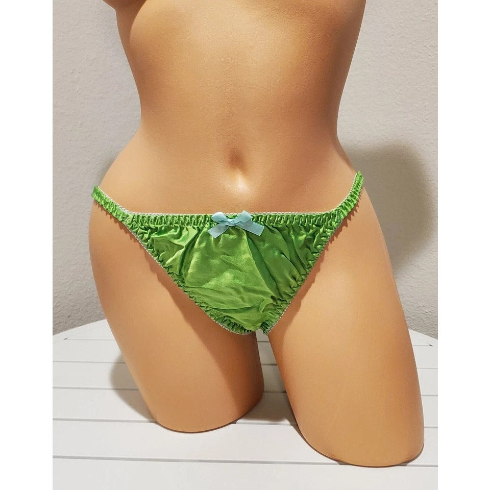 Liquid Satin String Bikini Panty Shiny Double Silk Gusset Apple Green