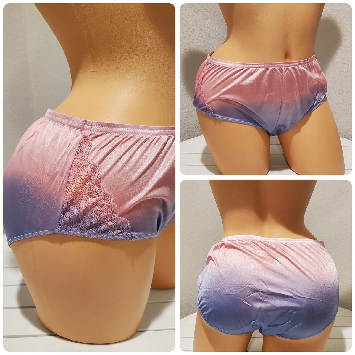 Shadowline 11182 Lace Insets Bikini Panty Shiny Nylon Full Cut Ombre Blueberry - Star Vintage & More
