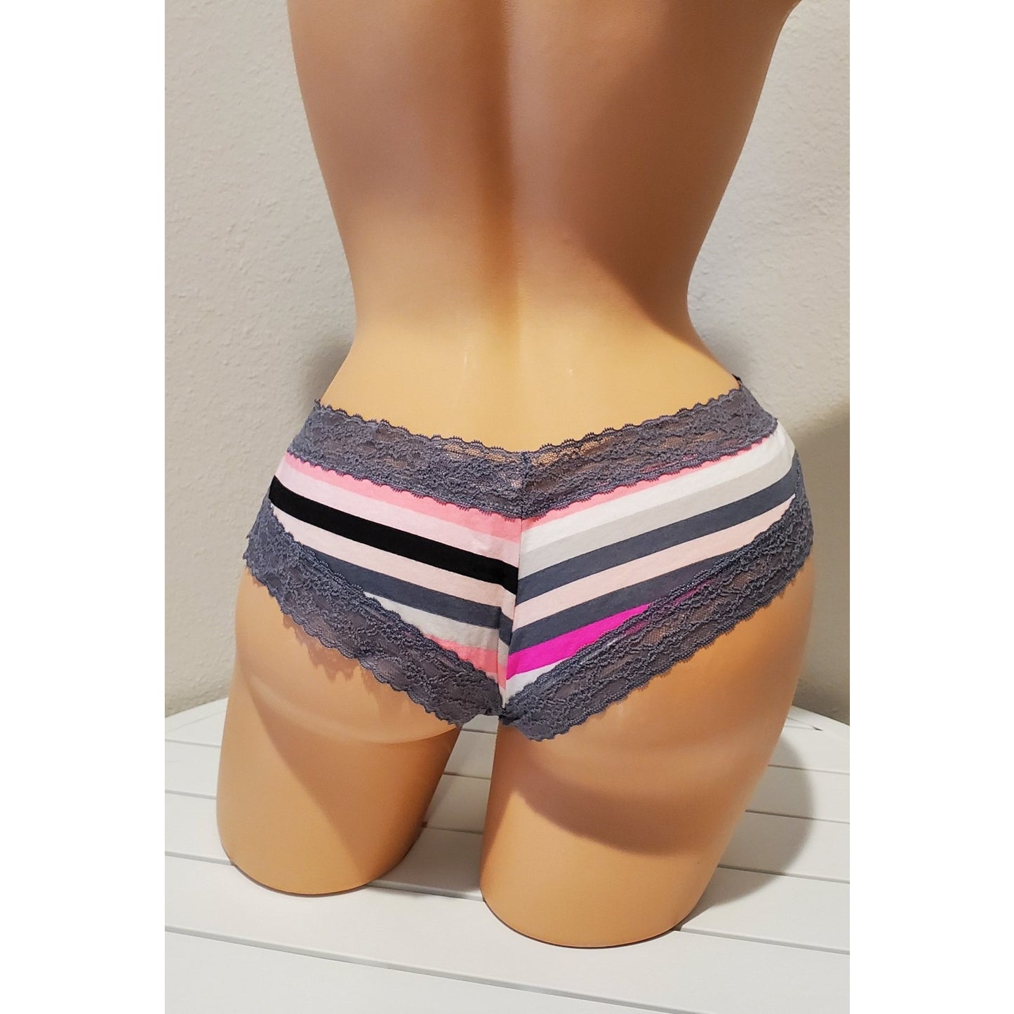 Victoria's Secret Cotton Cheeky Panty Lace Trim Multicolor Stripes 7/L