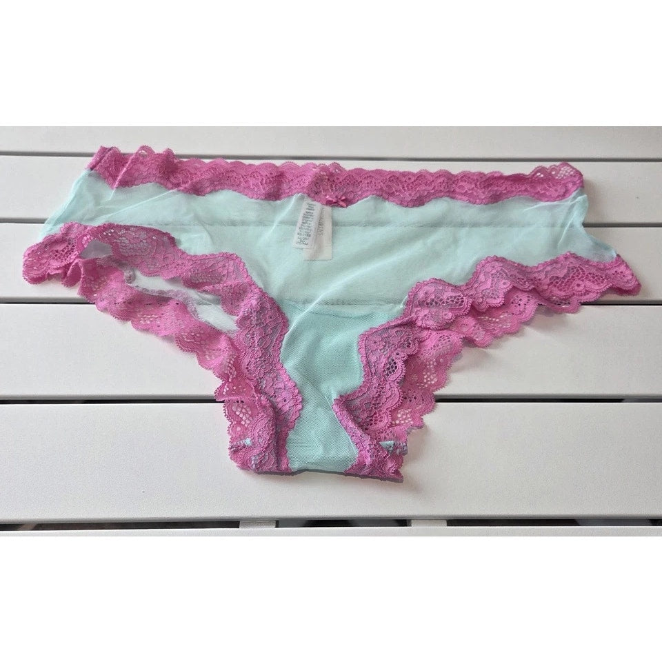 Victoria's Secret Tease Cheekini Bikini Panty Semi Sheer Lace Aqua Blue Pink 8