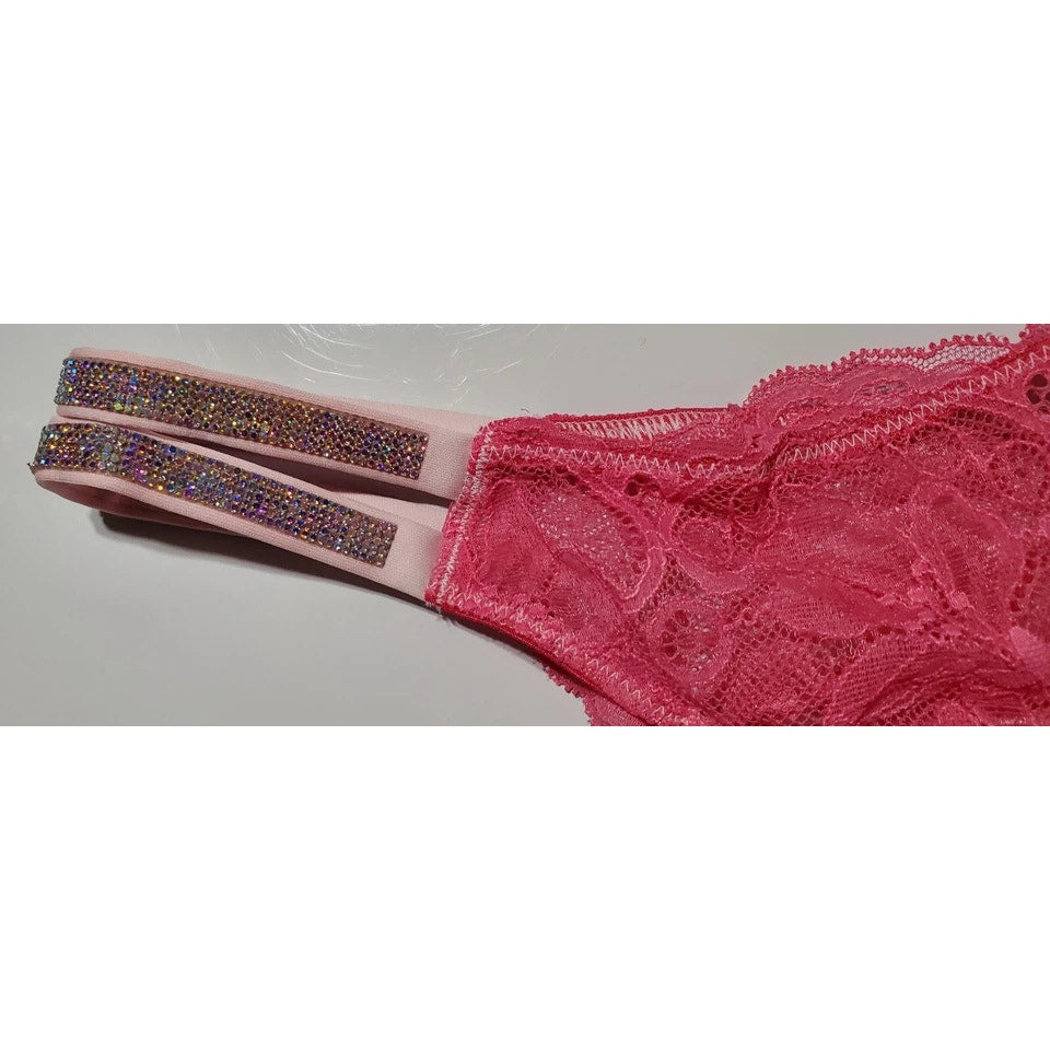 Victoria's Secret Double Shine Strap Brazilian Panty All Lace Fire Pink 9/2XL
