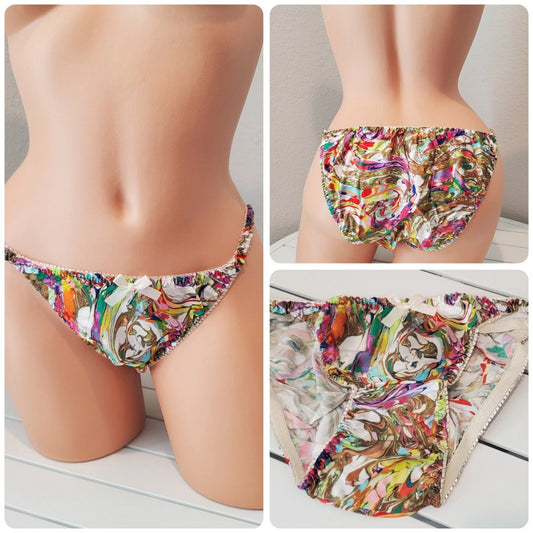 Liquid Satin String Bikini Panty Shiny Double Silk Gusset Rainbow Marble Print Star Vintage And More LLC