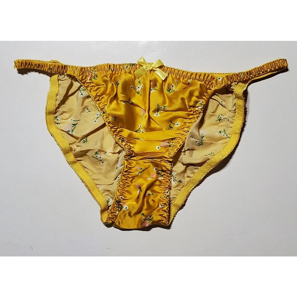 Liquid Satin String Bikini Panty Shiny Double Silk Yellow Little Floral Print