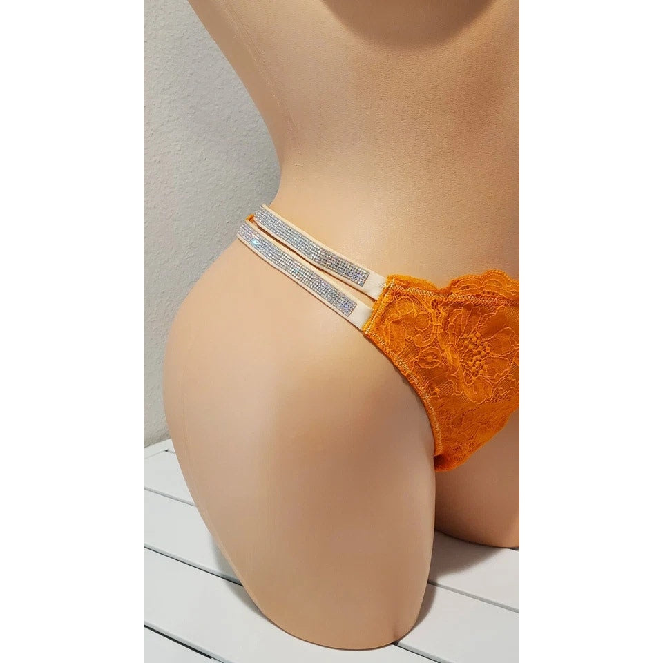 Victoria's Secret Double Shine Strap Brazilian Panty All Lace Orange Shock 9/2XL