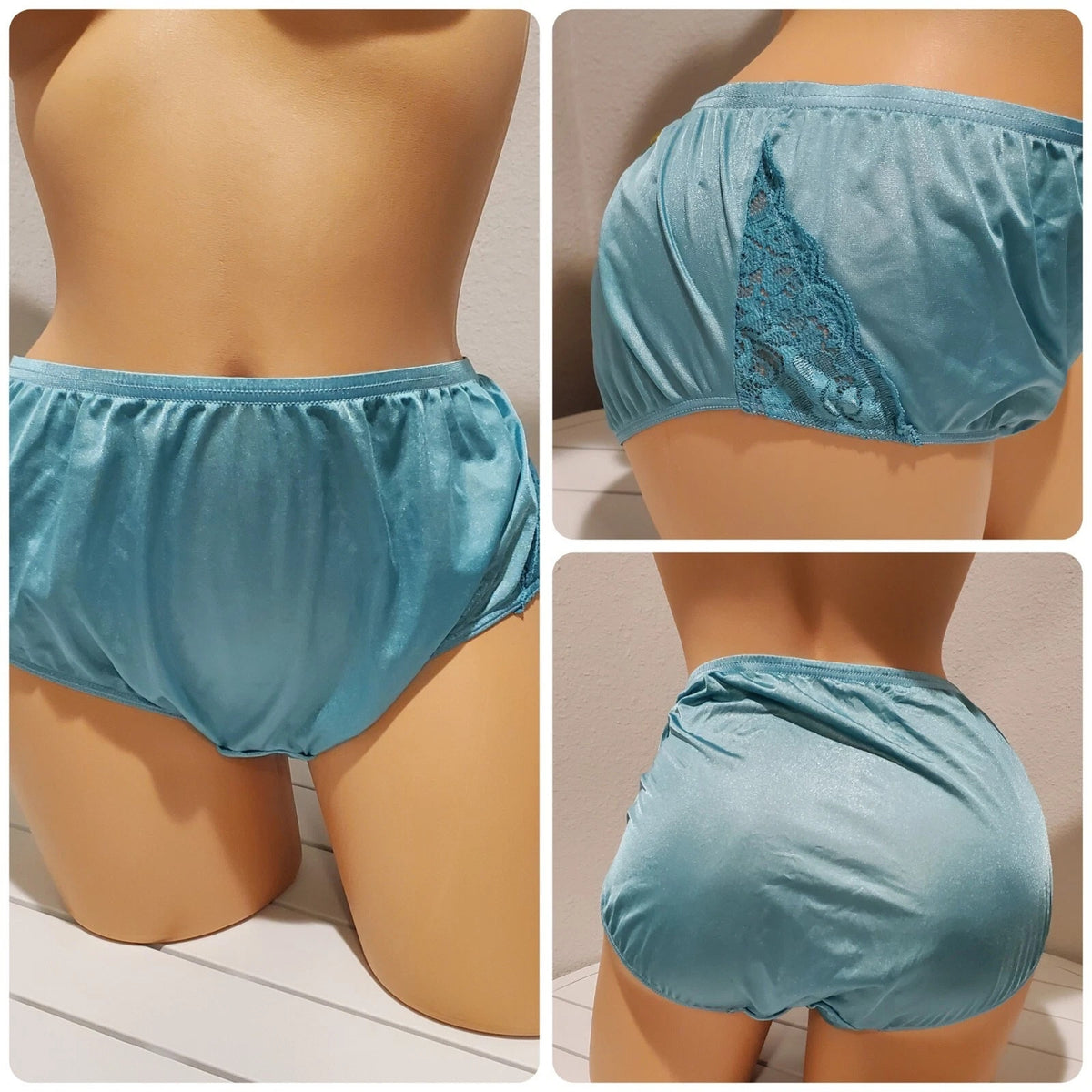 Shadowline 11182 Lace Insets Bikini Panty Shiny Nylon Full Cut Silky Blue Pixie