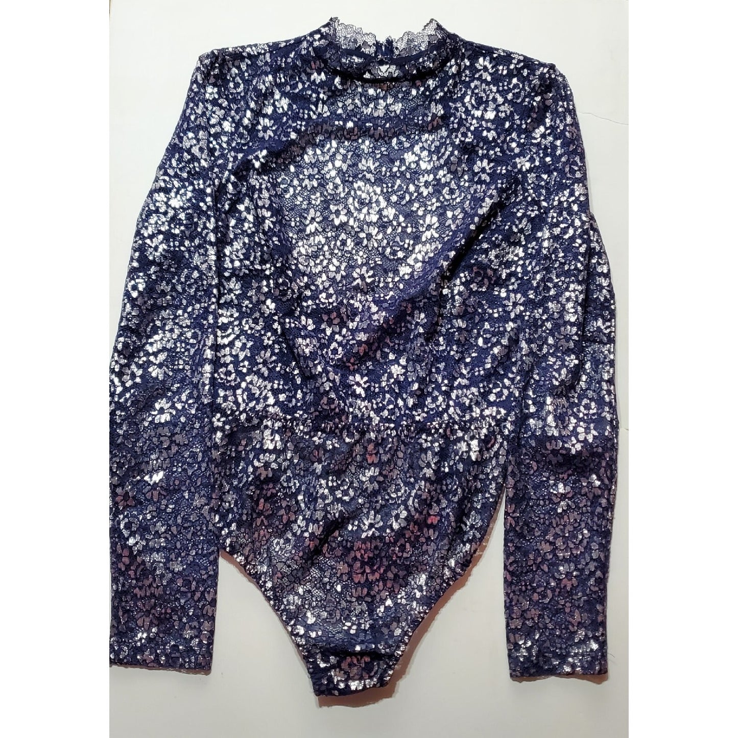 Victoria's Secret Vintage Shiny Teddy Bodysuit Snap Gusset Blue Silver 6/M