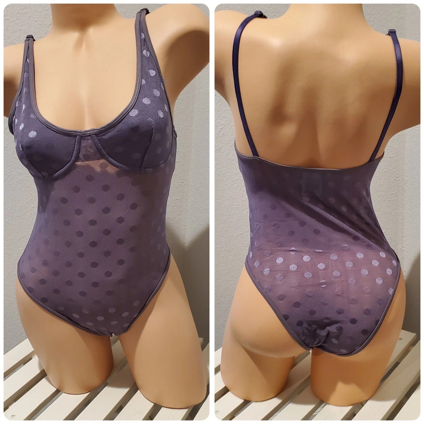 Victoria's Secret PINK Bodysuit Lingerie Polka Dot Snap Gusset Plum Purple 6/M