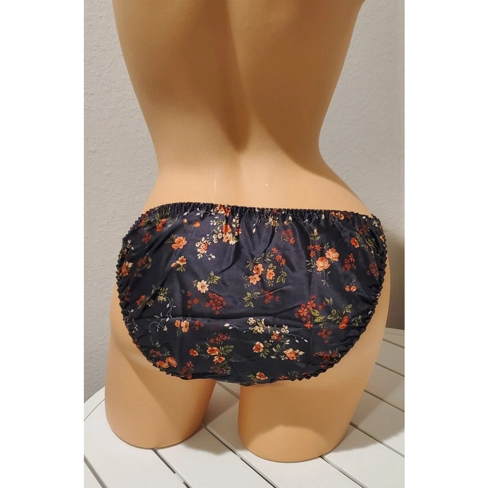 Liquid Satin String Bikini Panty Double Silk Gusset Black Little Floral Print 6