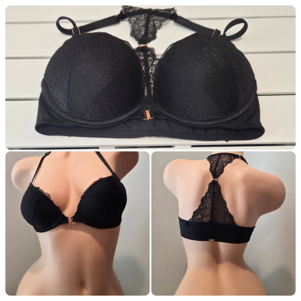 Victoria's Secret PINK Date Push-Up Bra Lace Gold Hardware Black Size 32C