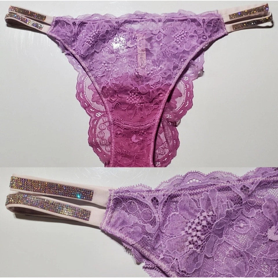 Victoria's Secret Double Shine Strap Brazilian Panty All Lace Ombre Purple Jam 9
