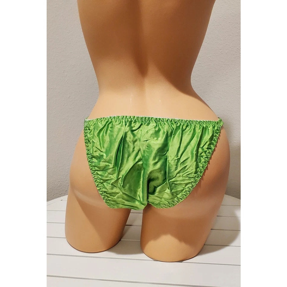 Liquid Satin String Bikini Panty Shiny Double Silk Gusset Apple Green