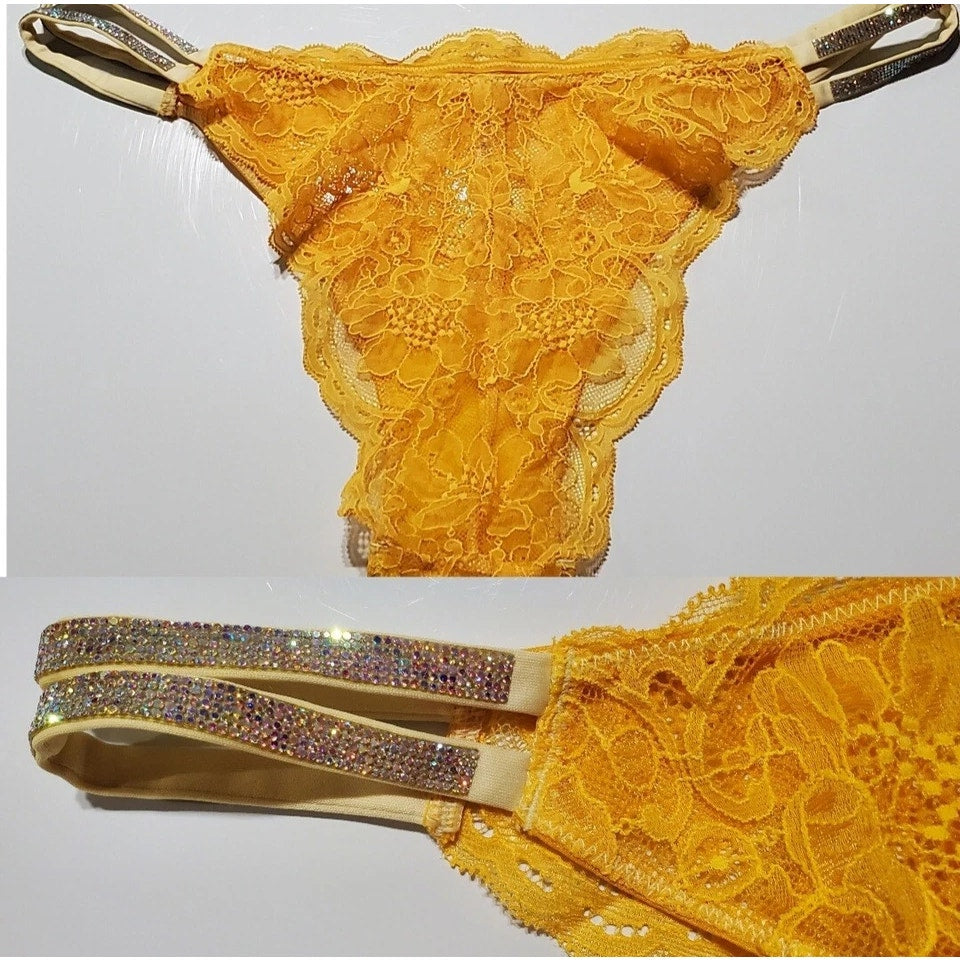 Victoria's Secret Double Shine Strap Brazilian Panty All Lace Tulip Yellow 8/XL