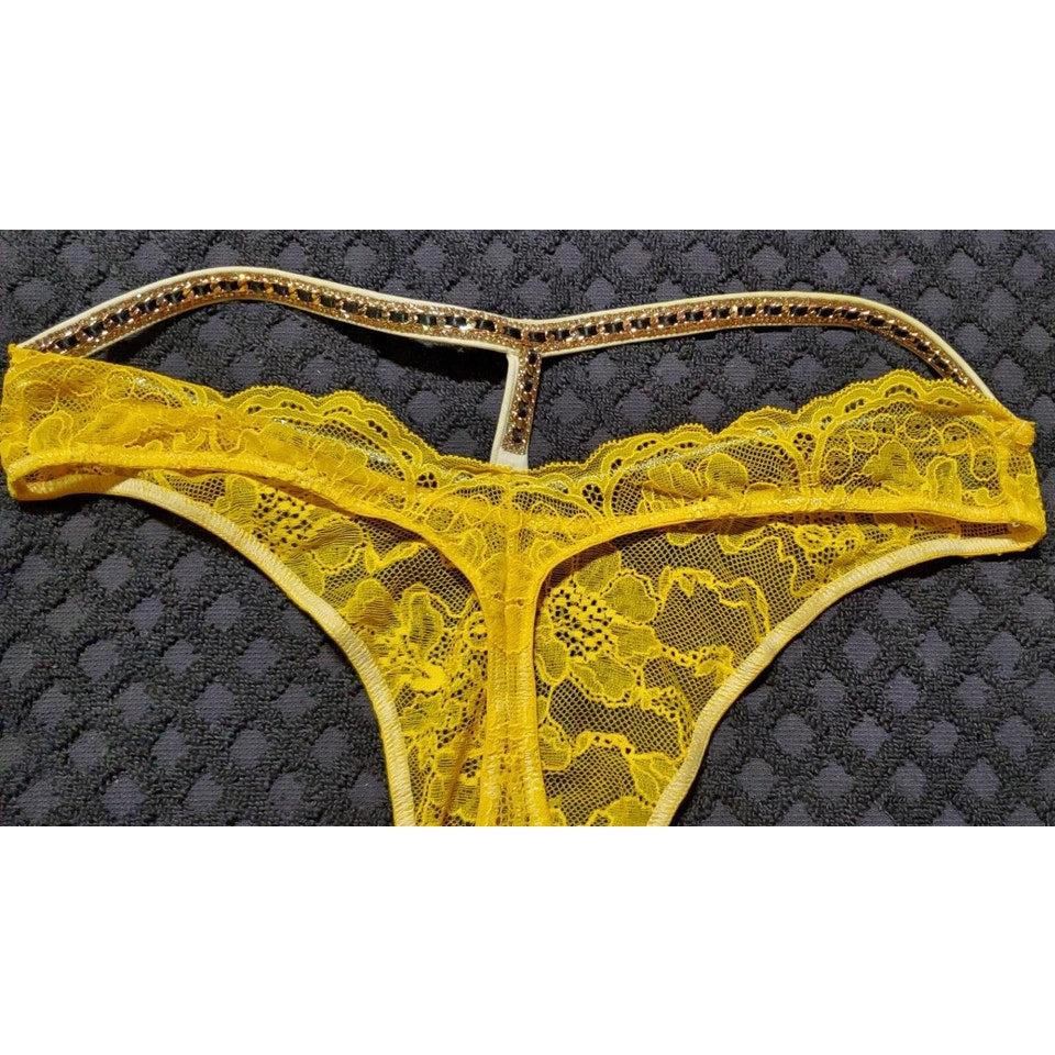 Victoria's Secret Shine Strap Y-Back Thong Panty All Lace Sheer Cyber Yellow 6/M