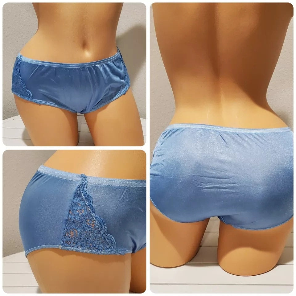 Shadowline 11182 Lace Insets Bikini Panty Shiny Nylon Full Cut Silky Baby Blue
