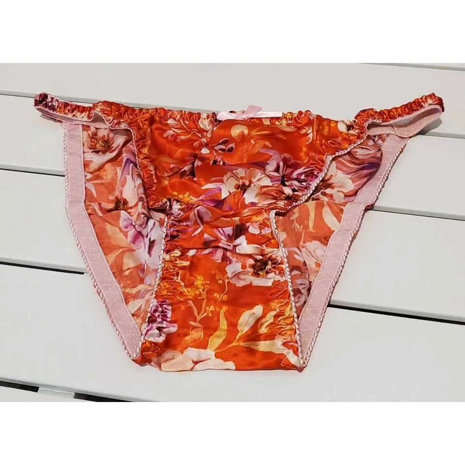 Liquid Satin String Bikini Panty Double Silk Gusset Floral Print Orange Purple