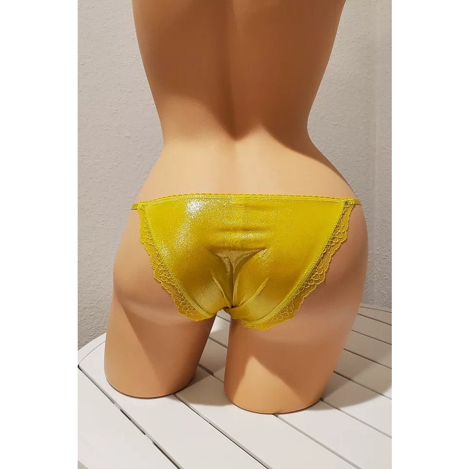 Victoria's Secret Dream Angels String Bikini Panty Shiny Lace Trim Cyber Yellow
