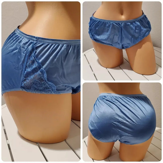 Shadowline 11182 Lace Insets Bikini Panty Shiny Nylon Full Cut Silky Maya Blue - Star Vintage & More Star Vintage And More LLC
