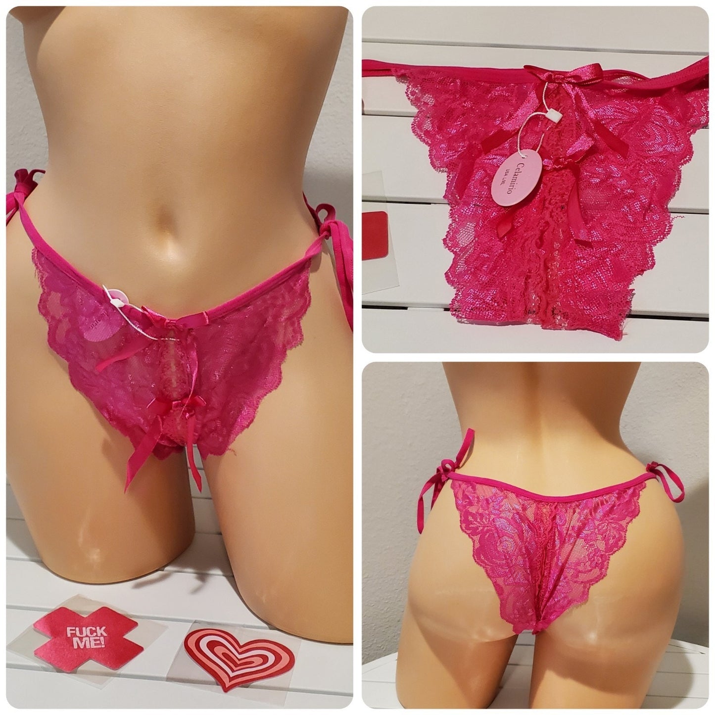 Celamirio Semi Sheer All Lace Crotchless String Panty Pink 8/XL