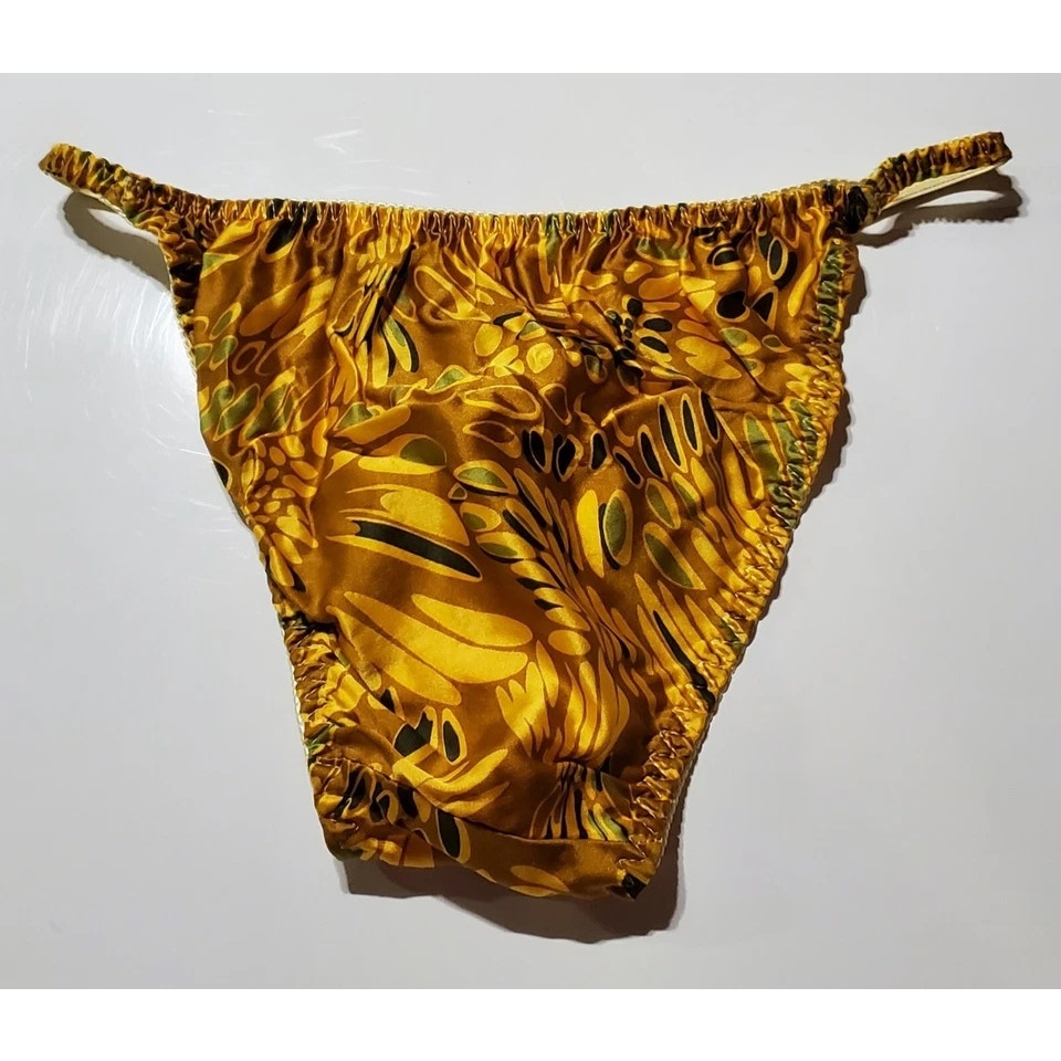 Liquid Satin String Bikini Panty Shiny Double Silk Gusset Tulip Yellow Print 7/L