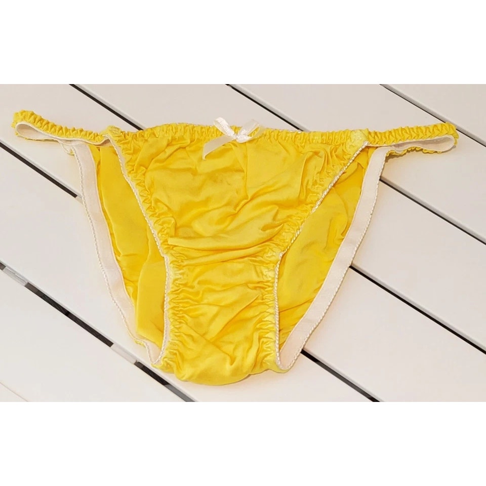 Liquid Satin String Bikini Panty Shiny Double Silk Gusset Tuscany Yellow 8/XL