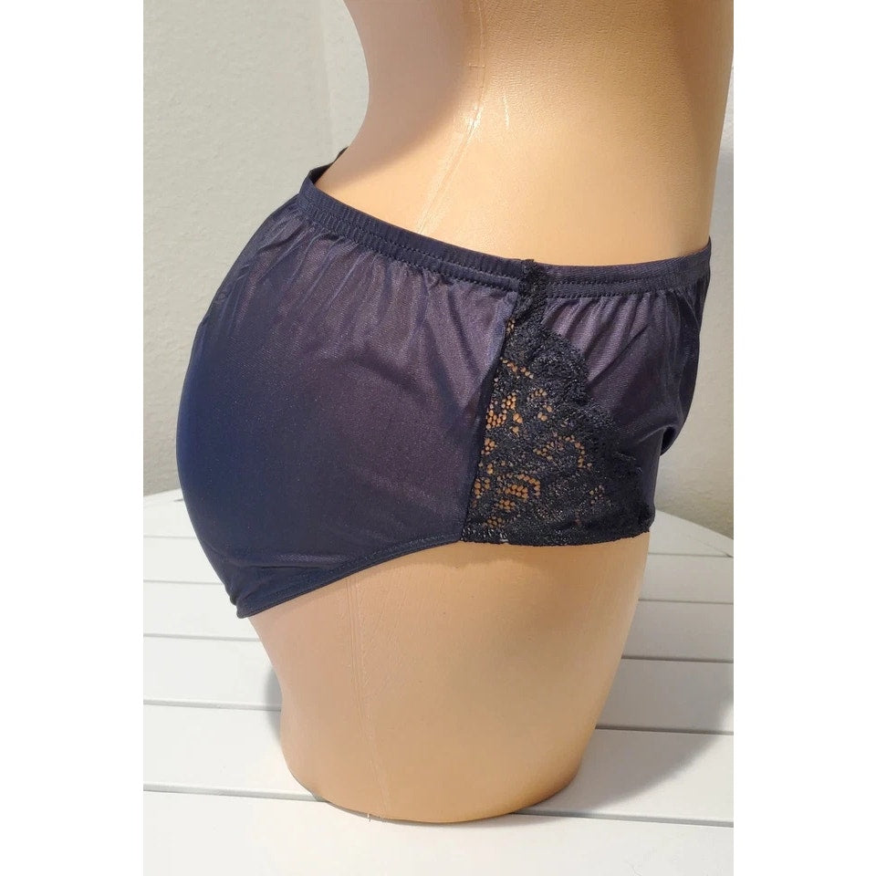 Shadowline 11182 Lace Insets Bikini Panty Shiny Nylon Full Cut Silky Black - Star Vintage & More