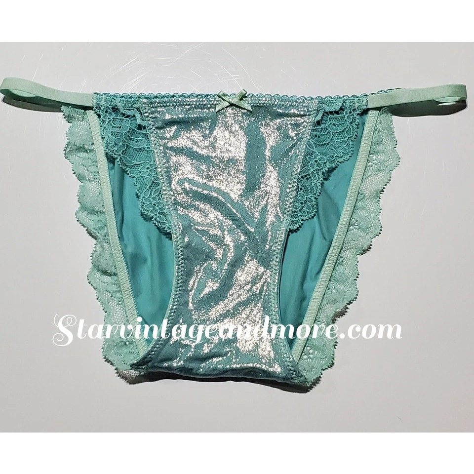 Victoria's Secret Dream Angels String Bikini Panty Shiny Lace Trim Sea Tide Green XS