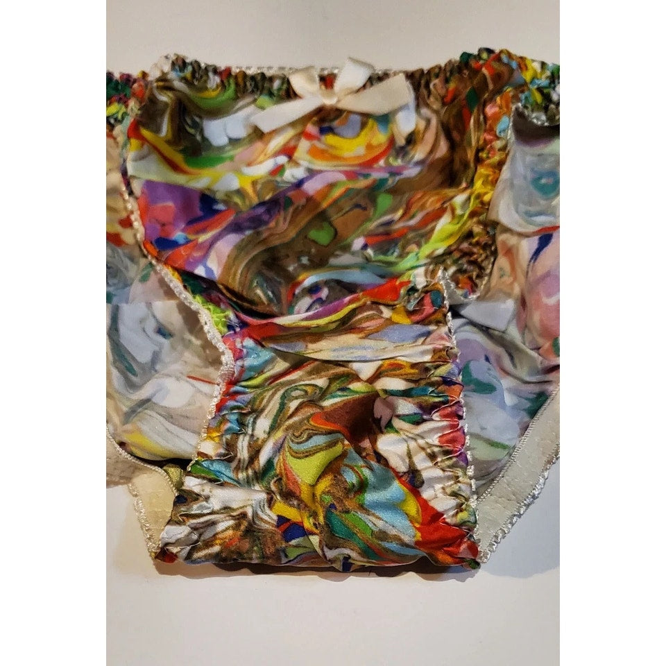 Liquid Satin String Bikini Panty Shiny Double Silk Gusset Rainbow Marble Print