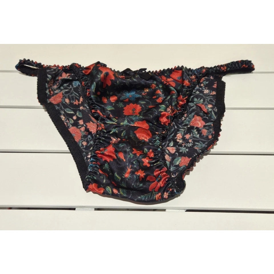 Liquid Satin String Bikini Panty Shiny Double Silk Gusset Floral Print Red Black
