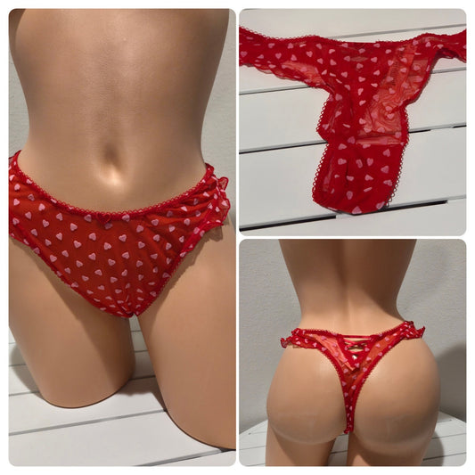 Victoria's Secret Tease Sheer Hi-Leg Thong Panty Ruffle Hearts Print Red 6/M - Star Vintage & More Star Vintage And More LLC
