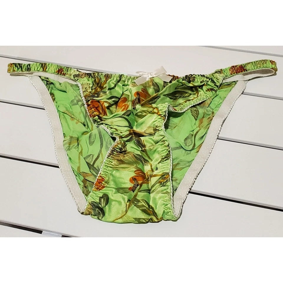 Liquid Satin String Bikini Panty Double Silk Gusset Floral Print Green Apple 7/L