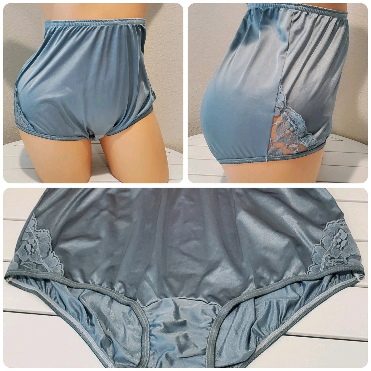 Vanity Fair Lace Nouveau Nylon Full Cut Panty Lace Shiny Silver Graphite
