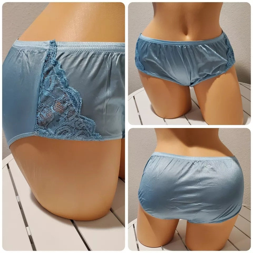 Shadowline 11182 Lace Insets Bikini Panty Shiny Nylon Full Cut Silky Powder Blue