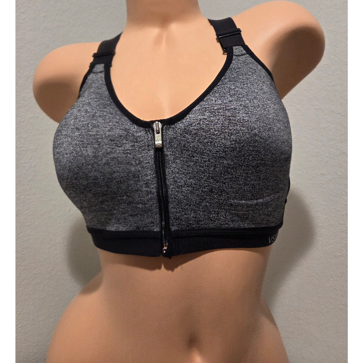 Victoria's Secret VSX Sport Bra Front Zip Racerback Colorblock Black Gray 34D