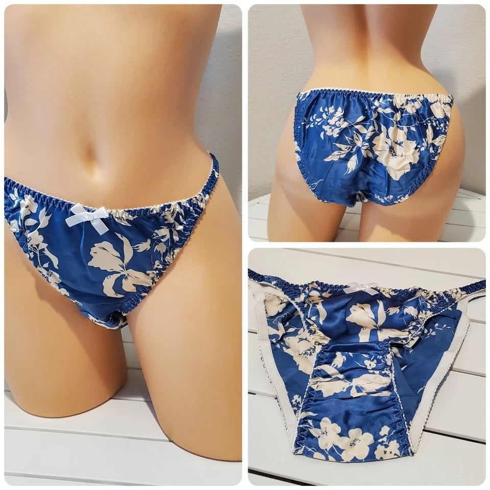 Liquid Satin String Bikini Panty Double Silk Floral Print Cream Ivory Azure