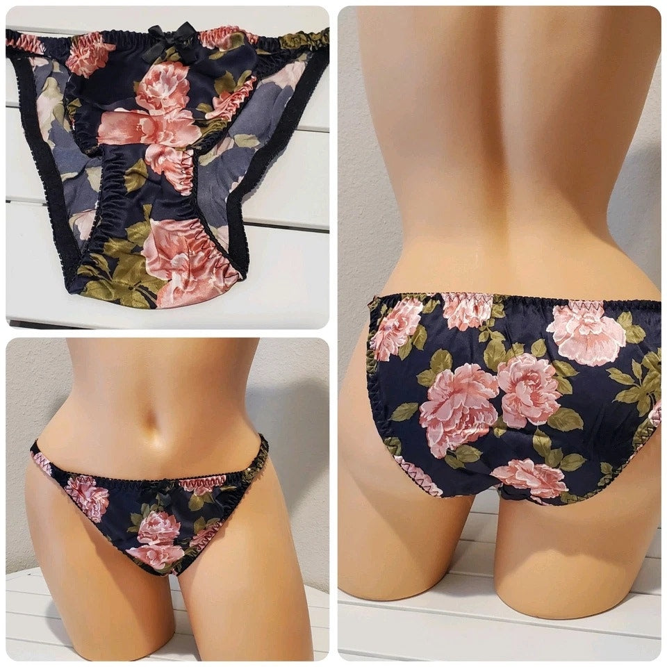 Liquid Satin String Bikini Panty Shiny Double Silk Gusset Floral Print Pink 5/S