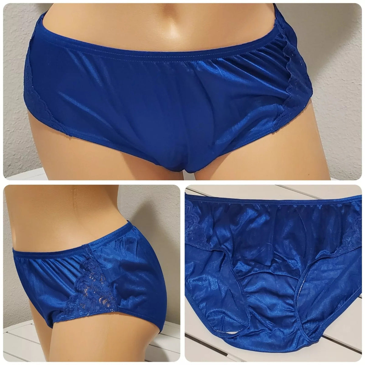 Shadowline 11182 Lace Insets Bikini Panty Shiny Nylon Full Cut Silky Blue