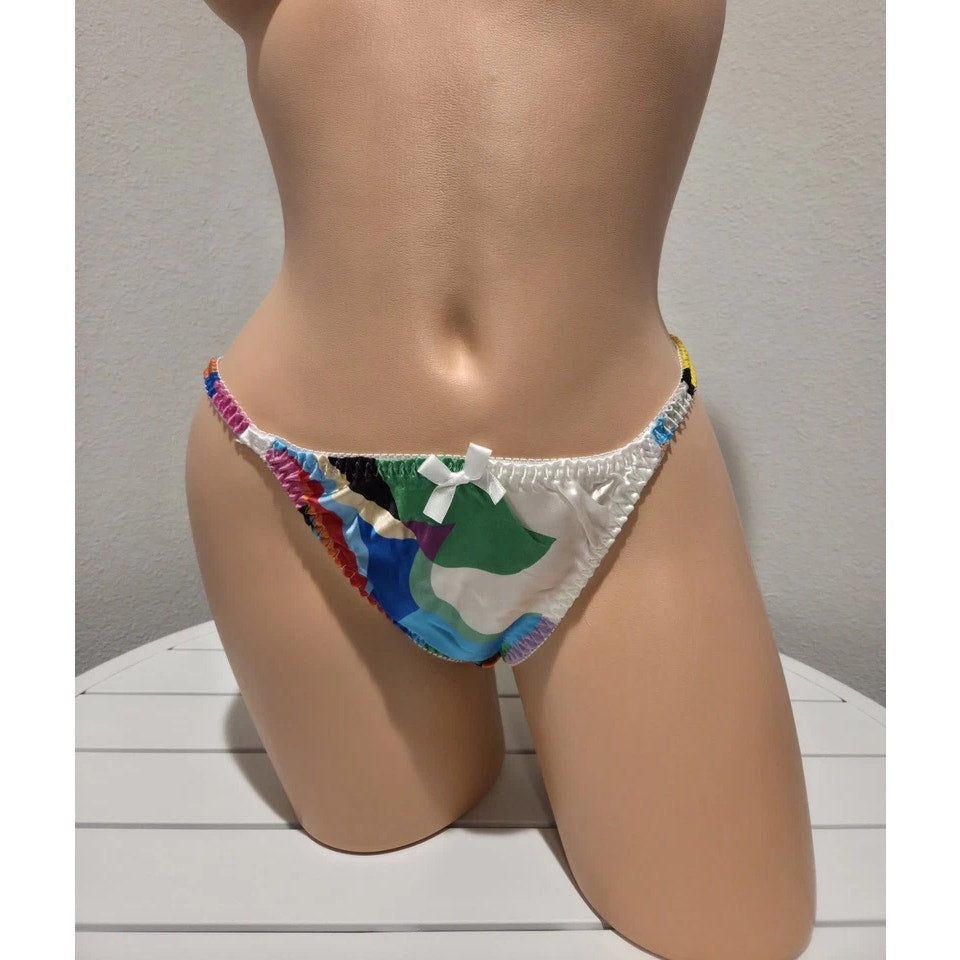 Liquid Satin String Bikini Panty Shiny Double Silk Gusset Print Multi Color