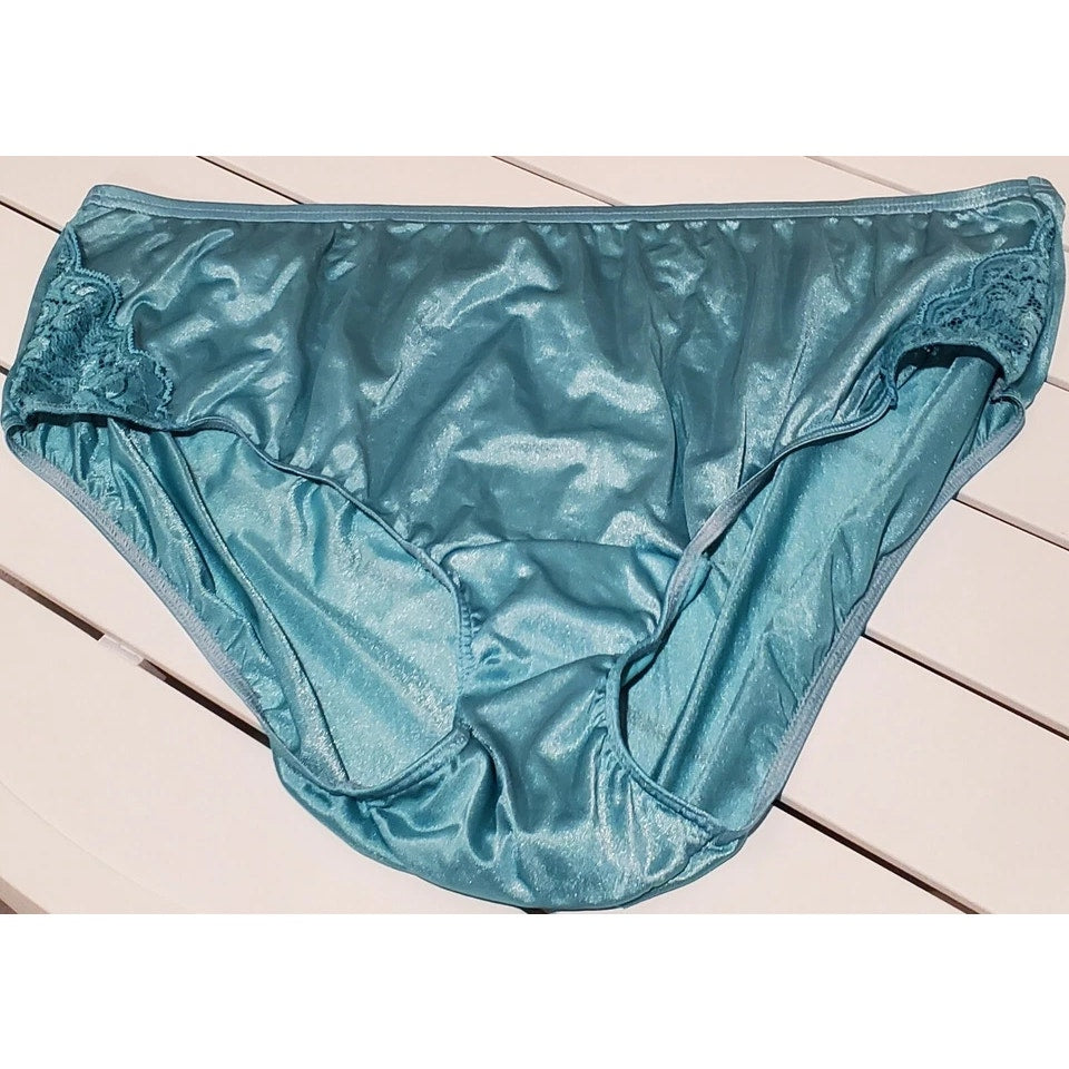 Shadowline 11182 Lace Insets Bikini Panty Shiny Nylon Full Cut Silky Blue Pixie