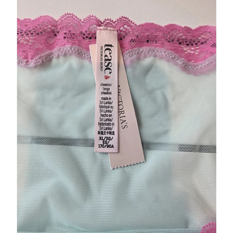 Victoria's Secret Tease Cheekini Bikini Panty Semi Sheer Lace Aqua Blue Pink 8