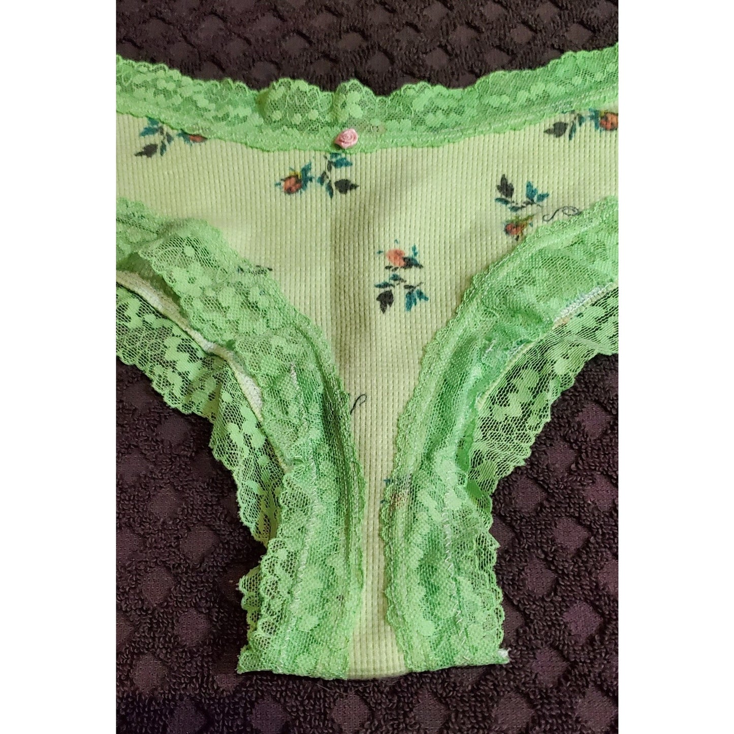 Victoria's Secret Cotton Cheeky Panty Lace Trim Floral Print Green Citron 8/XL