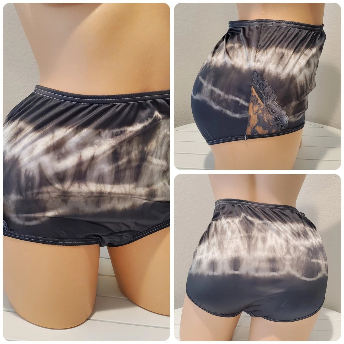 Vanity Fair Lace Nouveau Nylon Full Cut Panty Lace Shiny Black Silver Rainbow