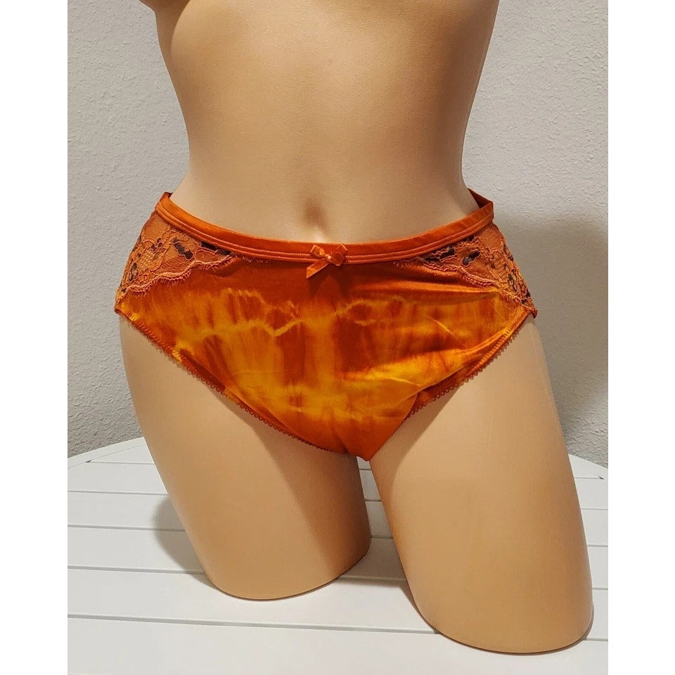 Ambrielle High Cut Panty Shiny Satin Floral Lace Burnt Orange Rainbow Shift 7/L